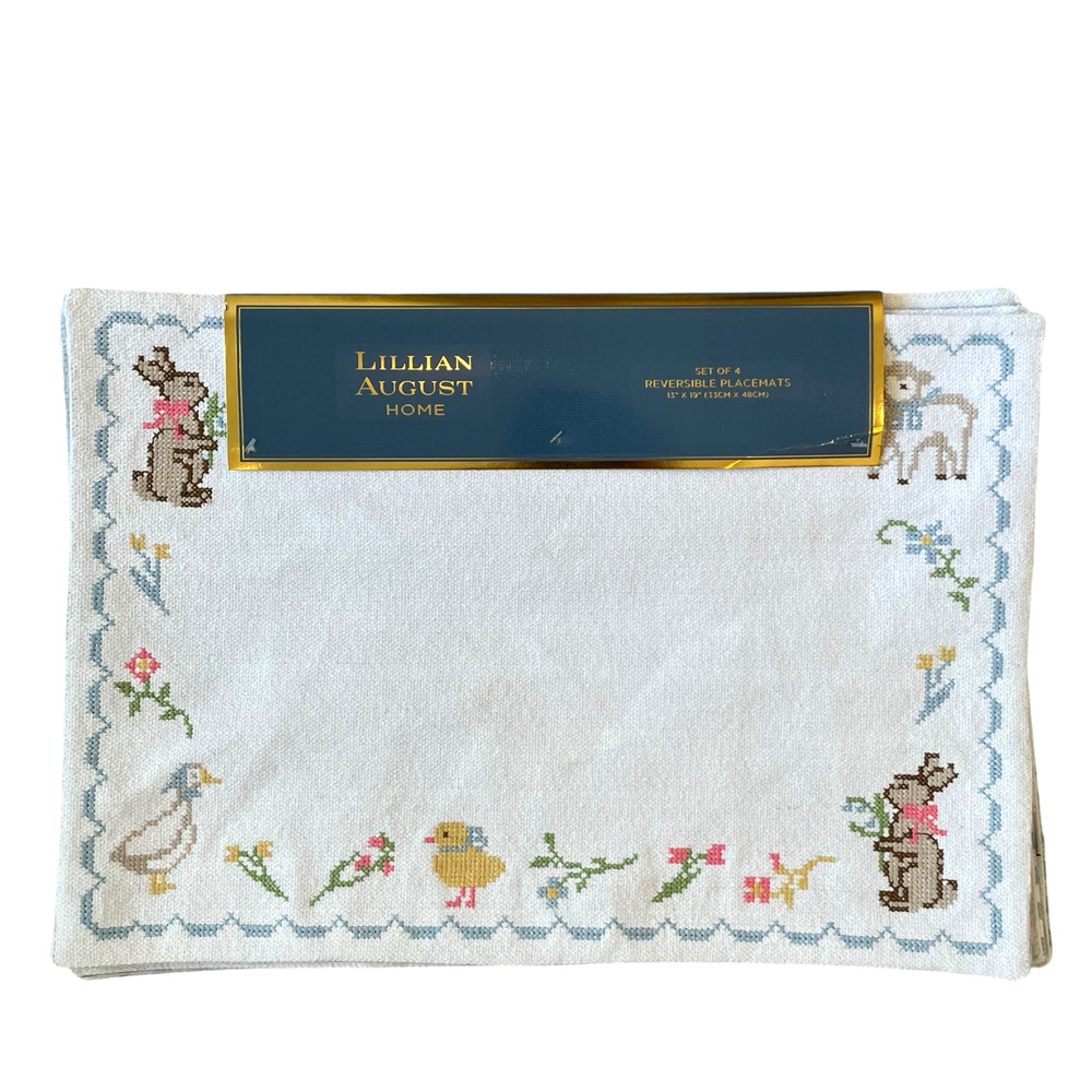 4pc Lillian August Easter Placemats 13x19 Cotton Cross Stitch Reversible Plaid